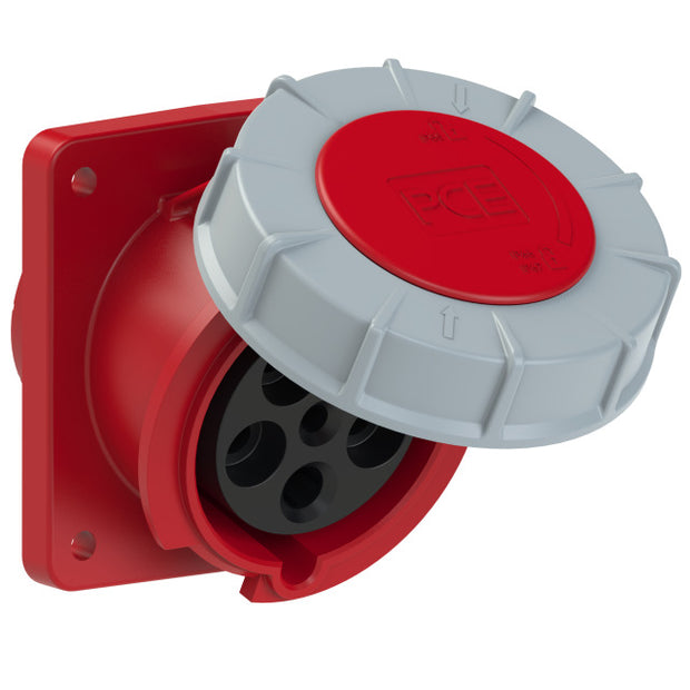 PCE CEE IEC 60309 Angled Panel Socket Outlet 5 way RED IP67 63A 400V 100x112/80x88mm Pilot Contacs