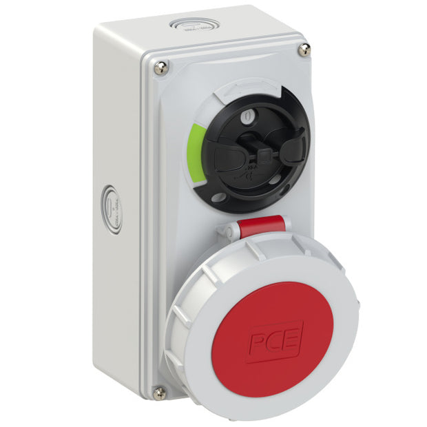 PCE CEE IEC 60309 Wall Socket Outlet 5 Way RED IP67 32A 400V 6H Switched Interlock with Knock-outs